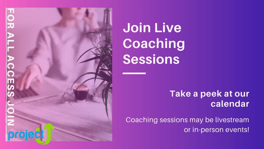 an invitation for a live coaching session with purple background and picture on the left side