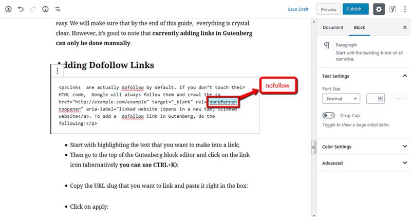 texts sample for the no-follow backlink with arrow sign