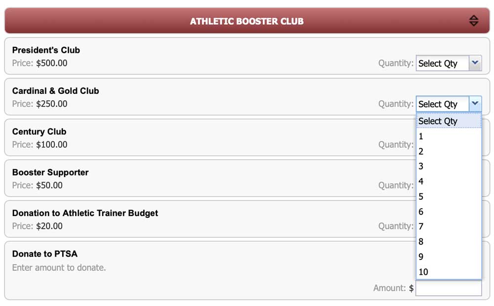 Athletic boosters club registration page