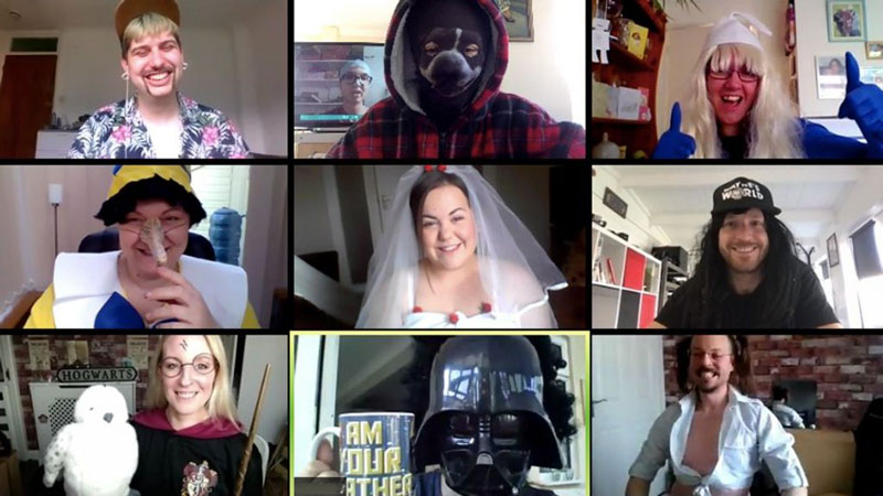A conference call screen using zoom with participants in different costumes