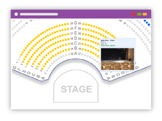 screen of assigned seating map and a view of the stage