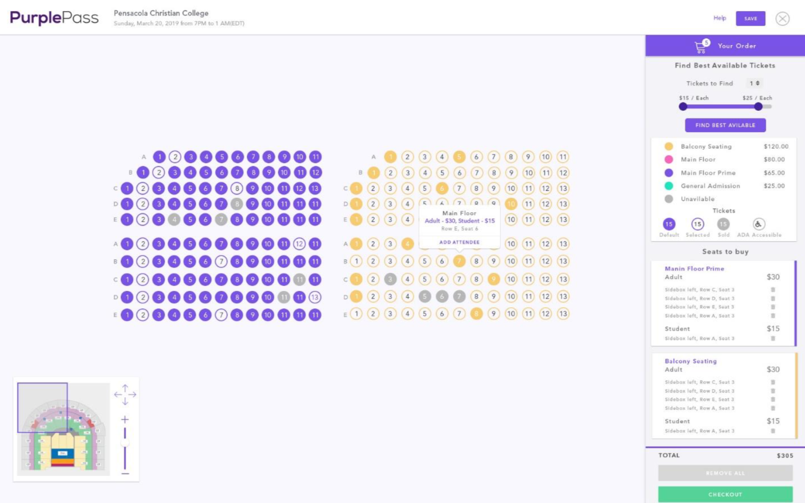 Purplepass assigned seating map online