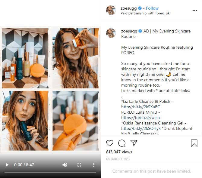 an instagram post on skincare routine
