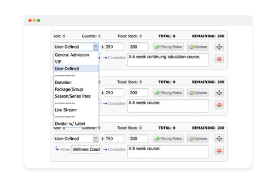 Selecting user-defined tickets