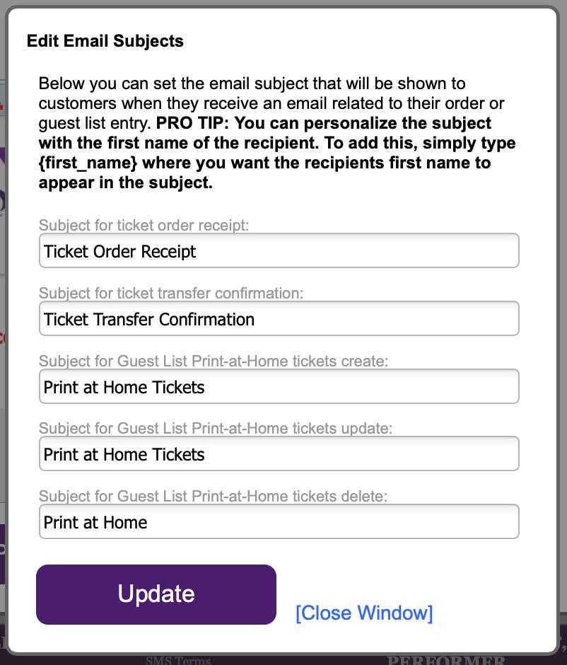 This is the edit email subjects popup box for custom print-at-home tickets.