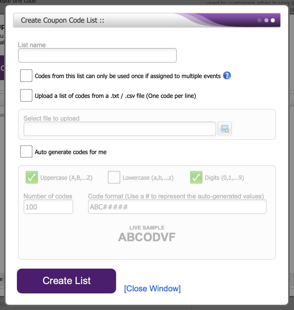 This is the create coupon code window.