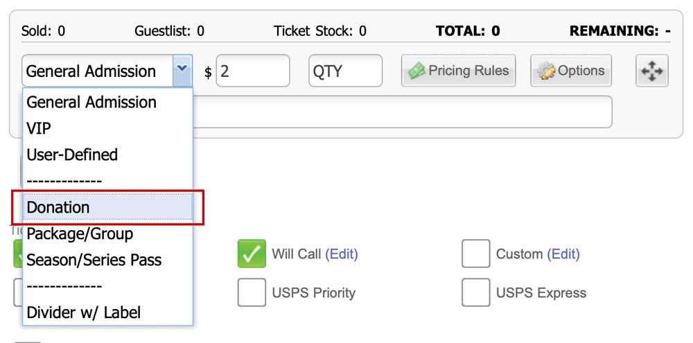 This image shows where users would go to create ticket packages that collect donations.