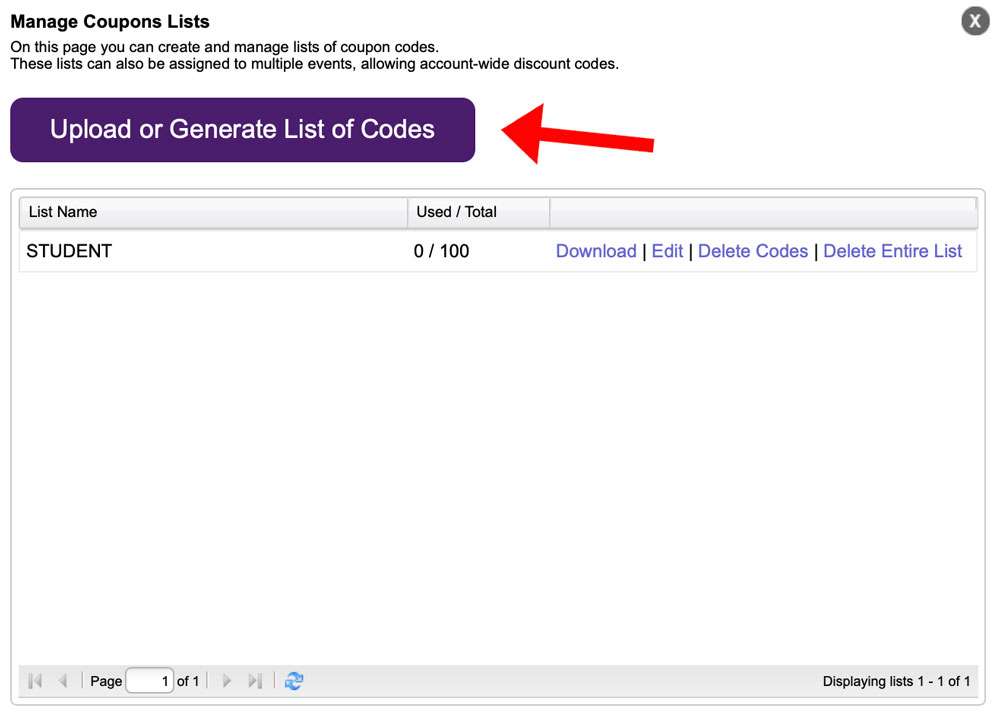 You can upload or generate coupon codes lists here.