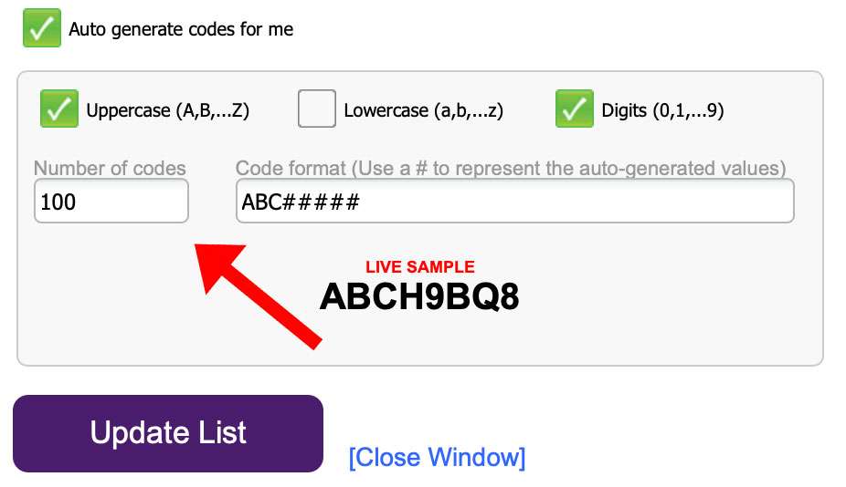 Here is where you add the total number of codes to add.