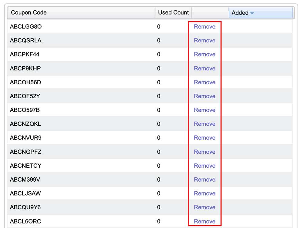 This shows someone removing coupon codes in bulk