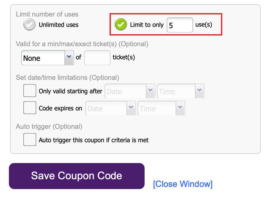 Here you can limit the number of uses for coupon codes.