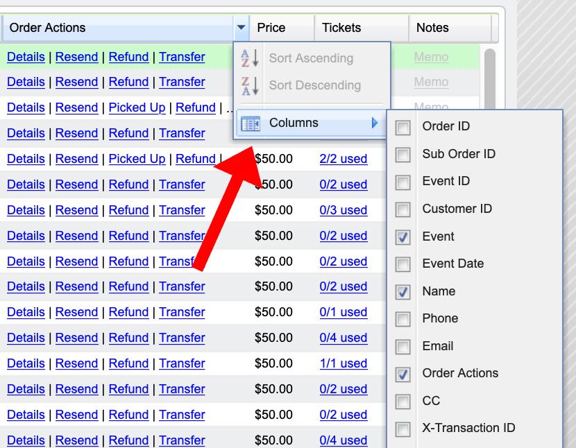 An arrow pointing to the columns section for searching orders