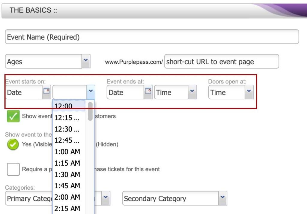 the dropdown option for setting your event time and date