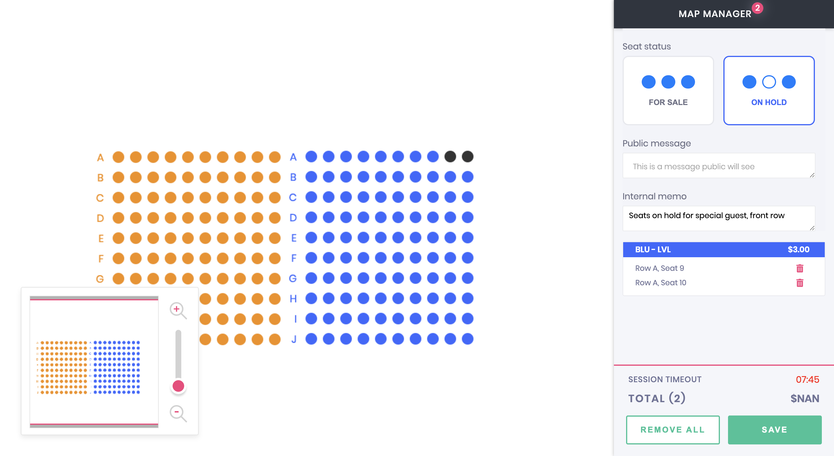 Putting seats on hold in the map manager. 