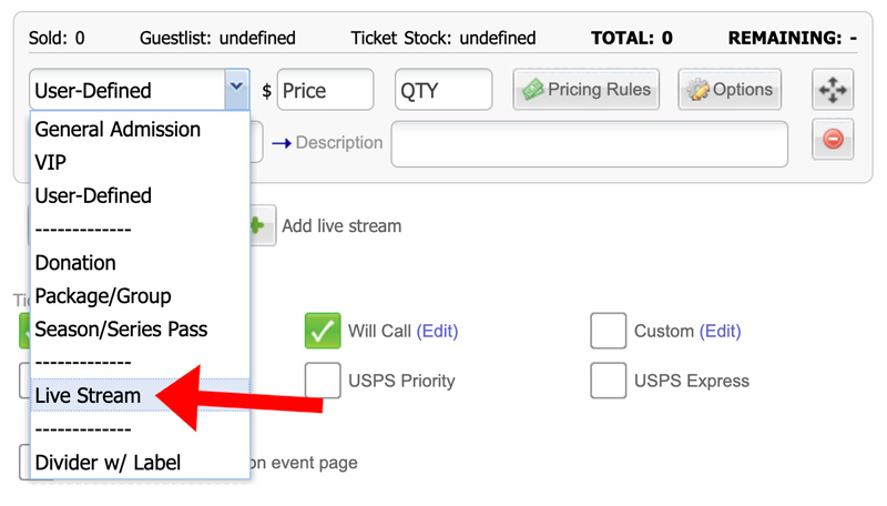 selecting live stream option when creating an event